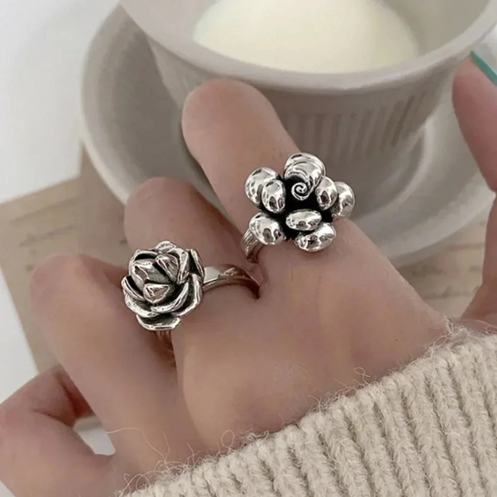 Minimalist 925 Sterling Silver Rose Flower Ring Unique Statement Ring